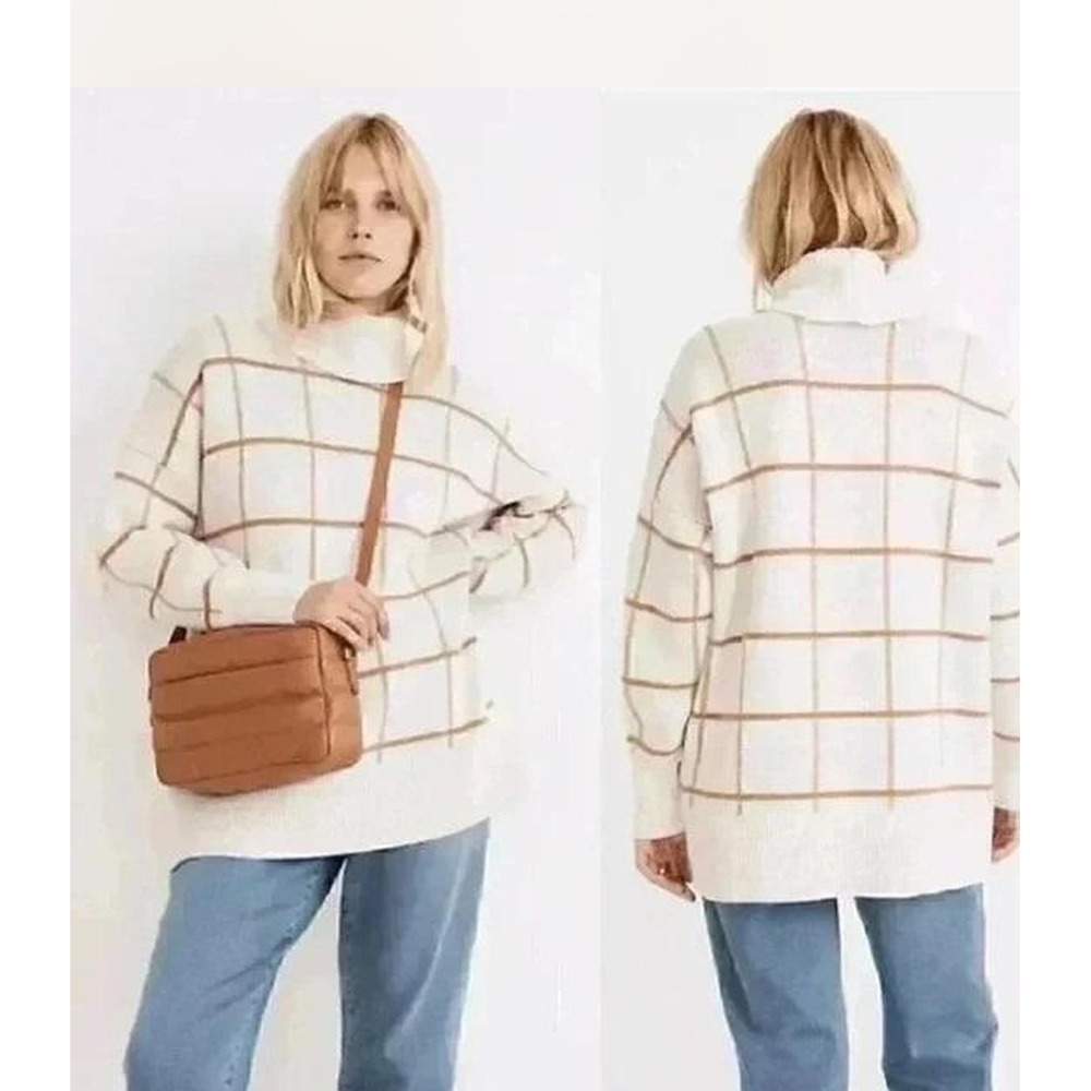 Madewell Windowpane Turtleneck Sweater Cream Tan Merino Wool Blend M - Picture 2 of 9
